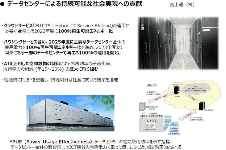 データセンターにGHGs削減施策～AIを活用した空調設備制御と再エネ100％導入～(富士通)